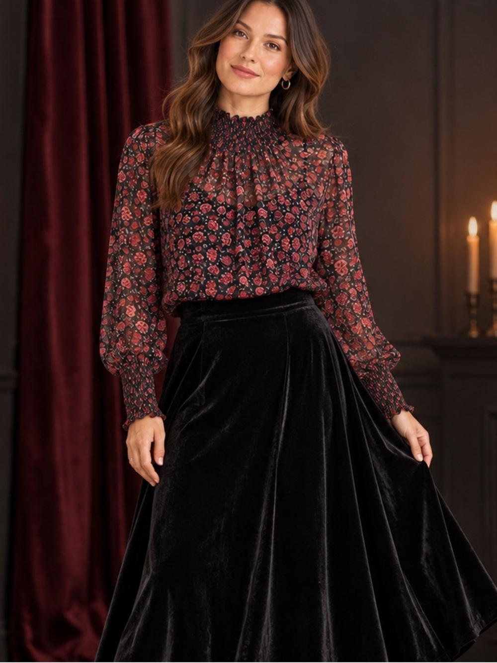 Romantic Gothic Black Red Floral Sheer Smocked Mock Neck Blouse Size S
